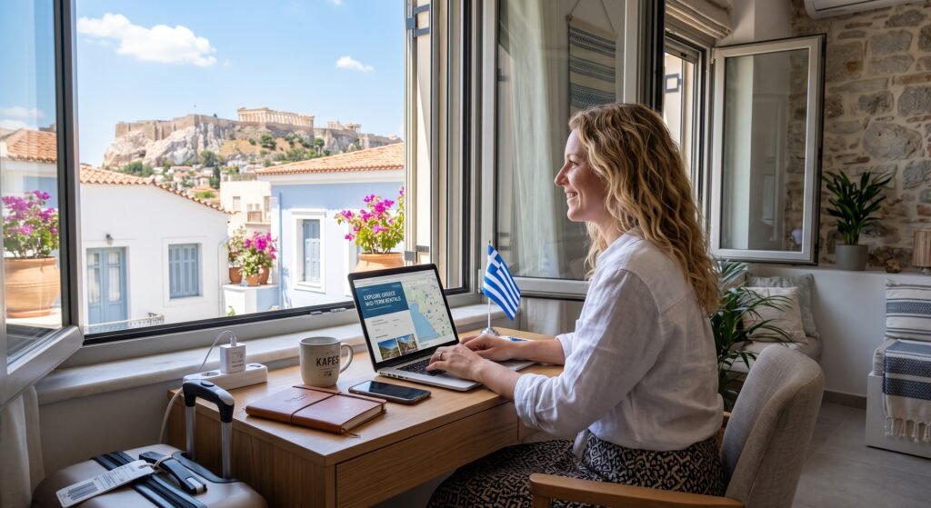 digital nomad accommodation in Greece, monthly rentals in Greece, furnished apartments in Greece, digital nomad Greece, remote work in Greece, Athens for digital nomads, Kalamata for digital nomads, Greece digital nomad visa