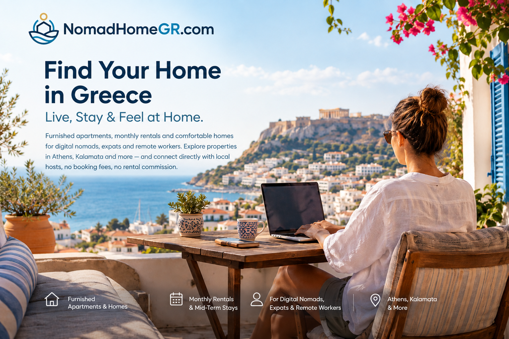 Find furnished apartments and homes for mid-term rent in Greece. Ideal for digital nomads, expats and remote workers. Browse Athens, Kalamata and more.