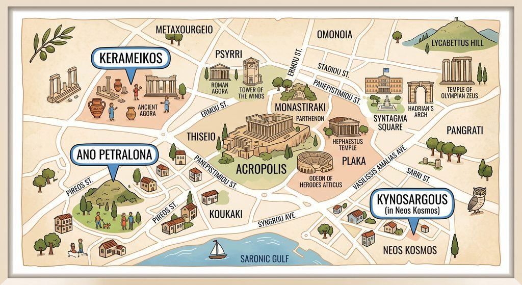 where to live in Athens, Athens neighborhoods for expats, Kerameikos Athens, Ano Petralona, Neos Kosmos Athens, Kynosargous, monthly rentals in Athens, furnished apartments in Athens, digital nomad Athens